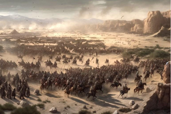 Battle scene in the desert with cavalry charging