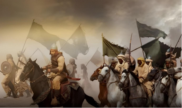 Muslim cavalry charging in desert battle