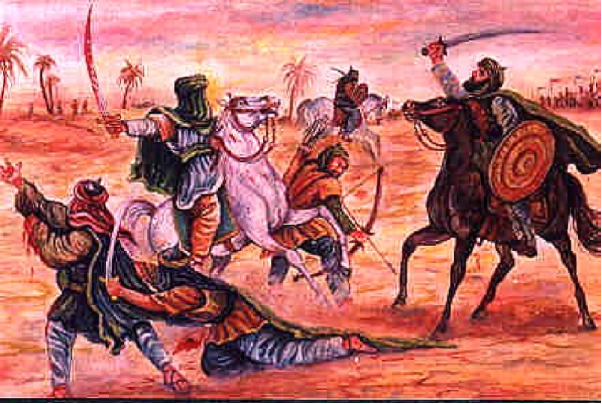 Desert battle scene with warriors on horseback